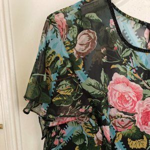 Beautiful Mac Duggal Flutter Sleeve Black Floral Cocktail Midi Dress, sz 16